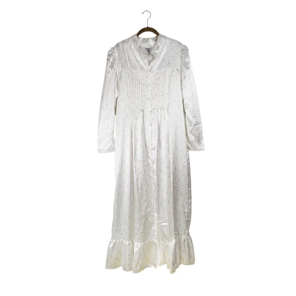 Laura Adams Long Sleeve Nightgown White Satin Modest Button Up Womens Large